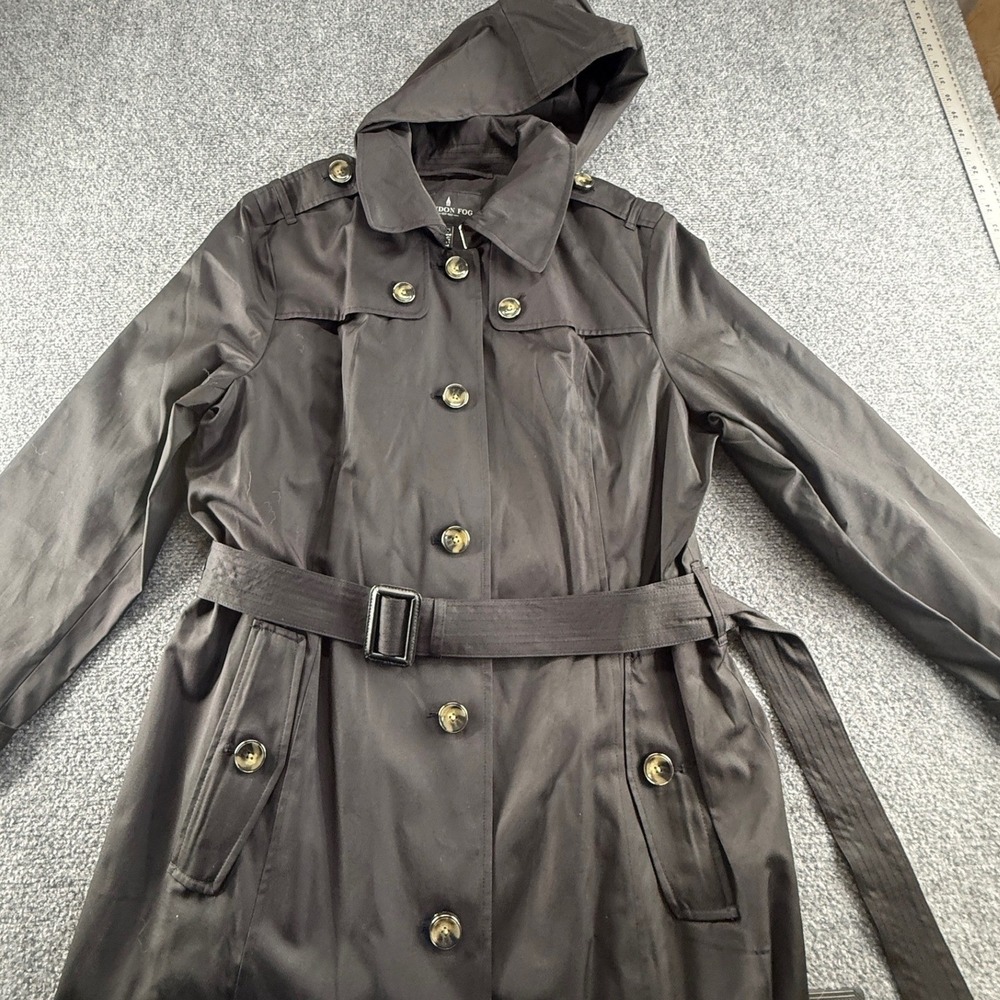 London Fog Womens Black Hooded Belted Trench Coat Jacket XL L711607R93 NEW